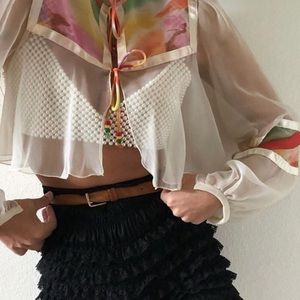 Vintage sheer balloon sleeve silk tie front top